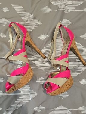 Guess Hot Pink and Beige Cork Platform Stiletto Sandals
